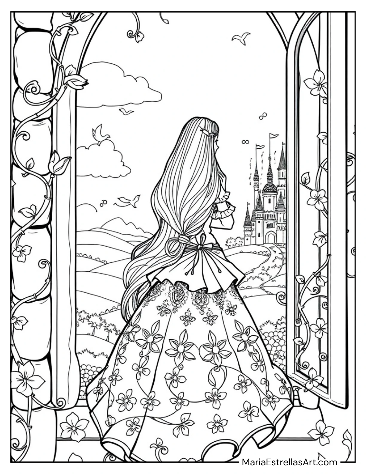 Princess With Long Flowing Hair in a Tower Window Coloring Sheet