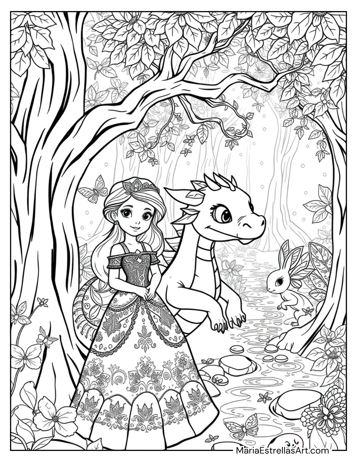 Princess With a Dragon Friend in a Mystical Forest Coloring Sheet