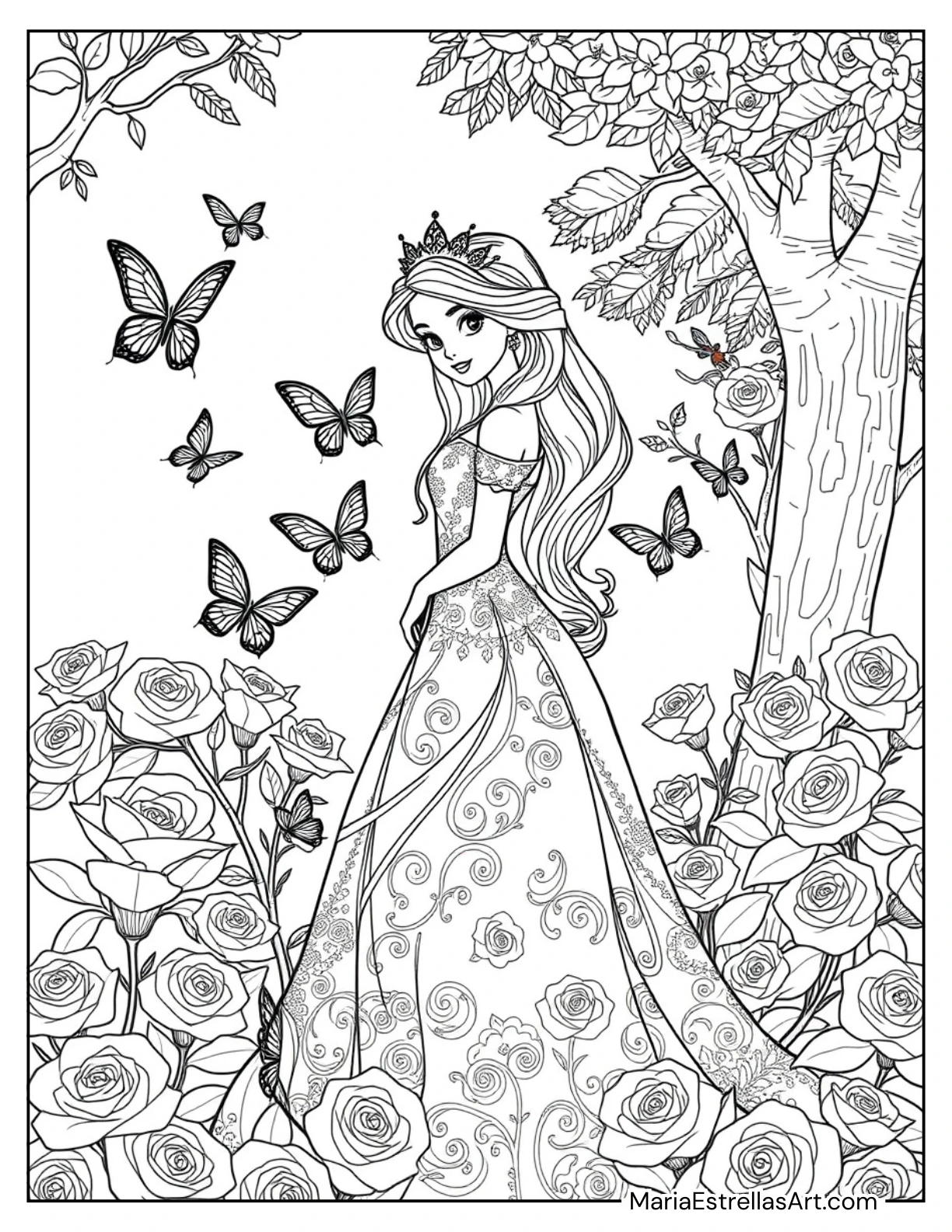 Princess in a Garden Surrounded by Butterflies and Roses to Color for Kids