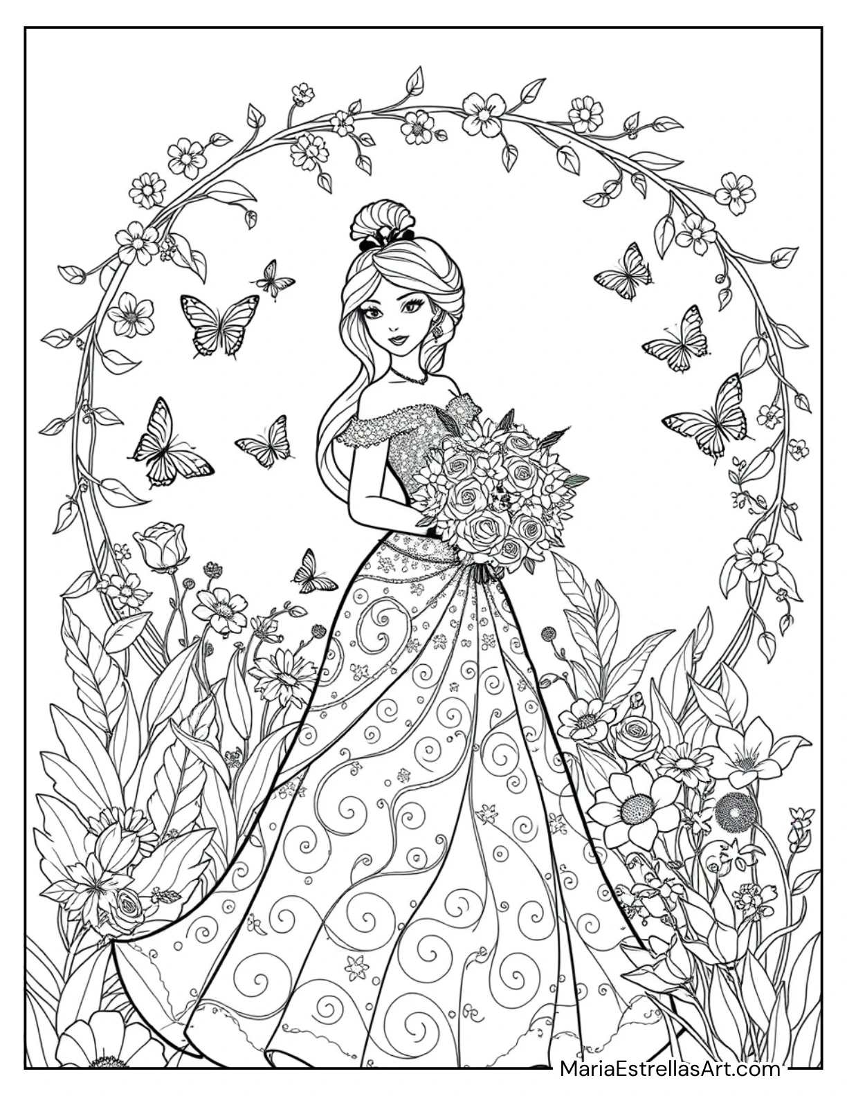 Princess in a Sparkling Gown Holding a Bouquet of Flowers Coloring Page