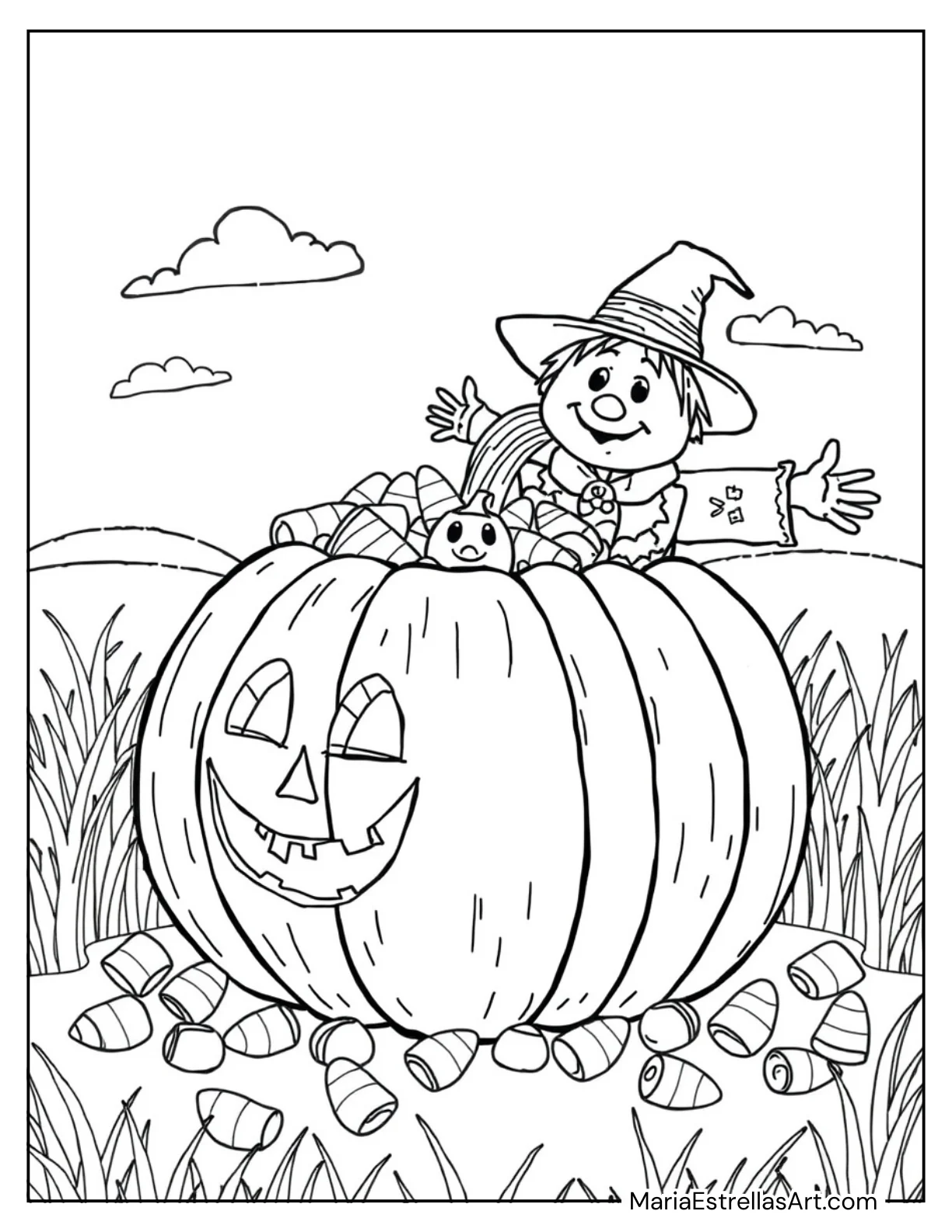 Pumpkin Filled With Candy Corn Coloring Sheet