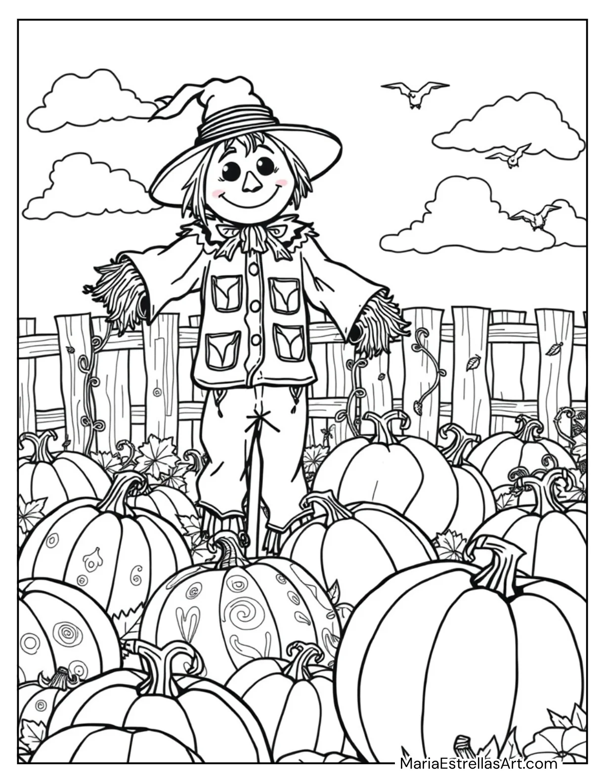 Pumpkin Patch With a Scarecrow to Color for Kids