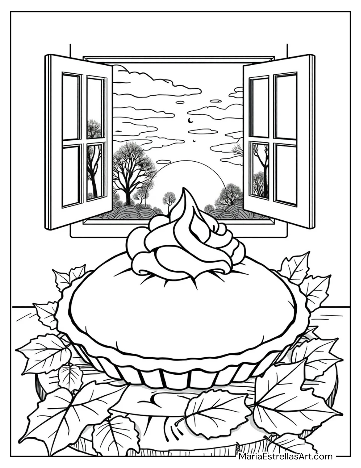 Pumpkin Pie With Whipped Cream and Falling Leaves Coloring Page