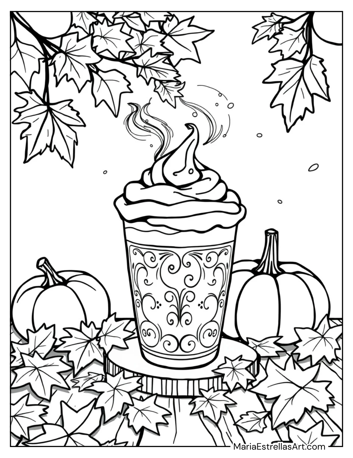 Pumpkin Spice Latte With Whipped Cream and Fall Leaves