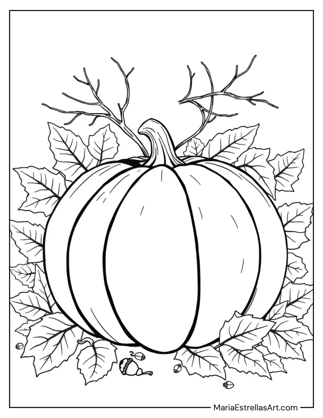 Pumpkin Surrounded by Autumn Leaves Coloring Sheet