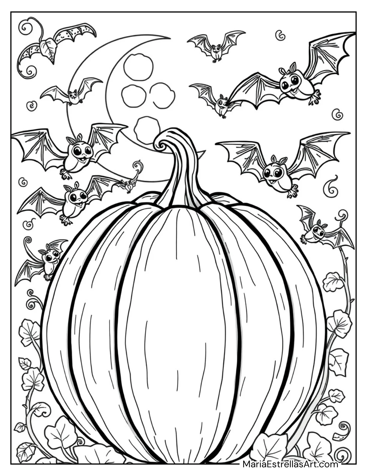 Pumpkin Surrounded by Bats Coloring Page