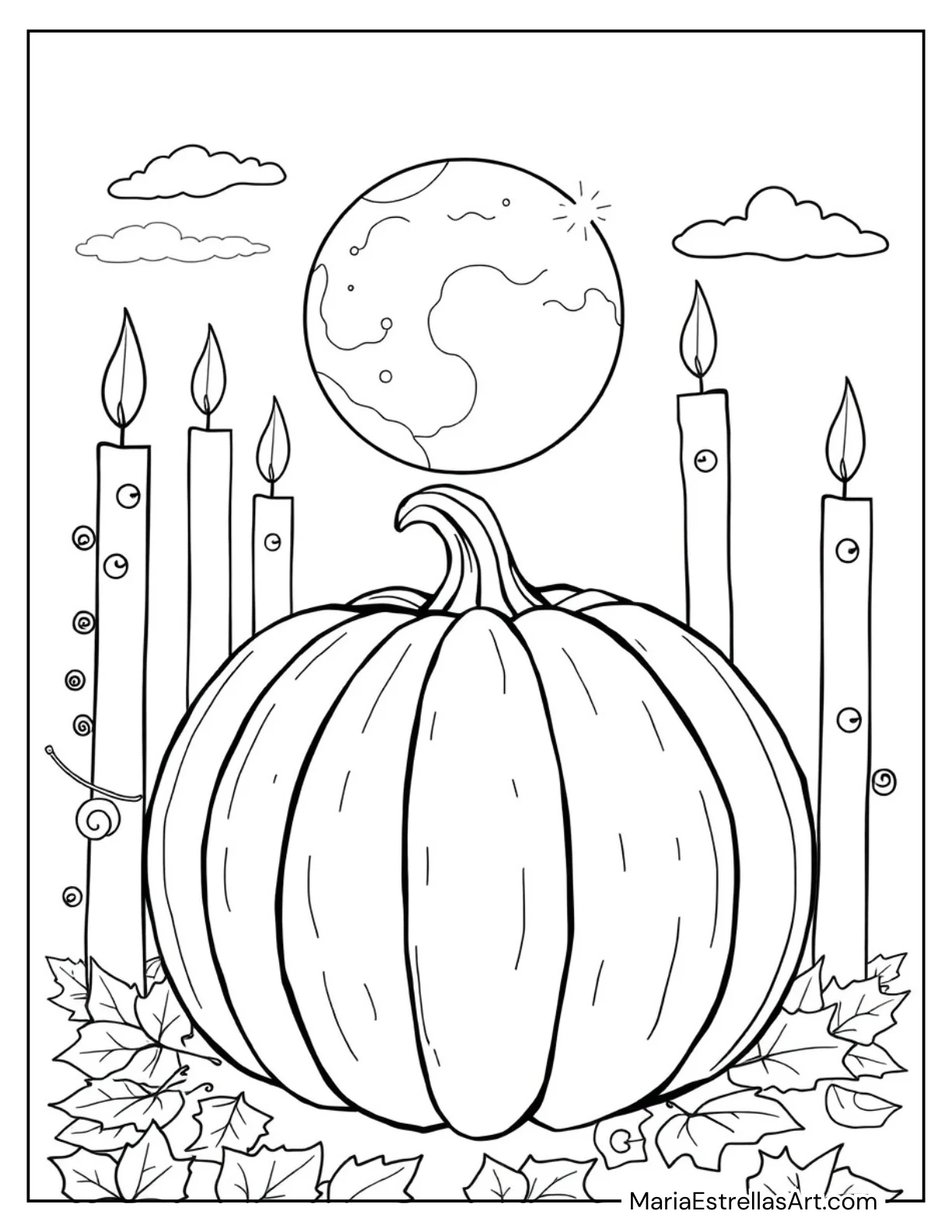 Pumpkin Surrounded by Candles to Color for Kids