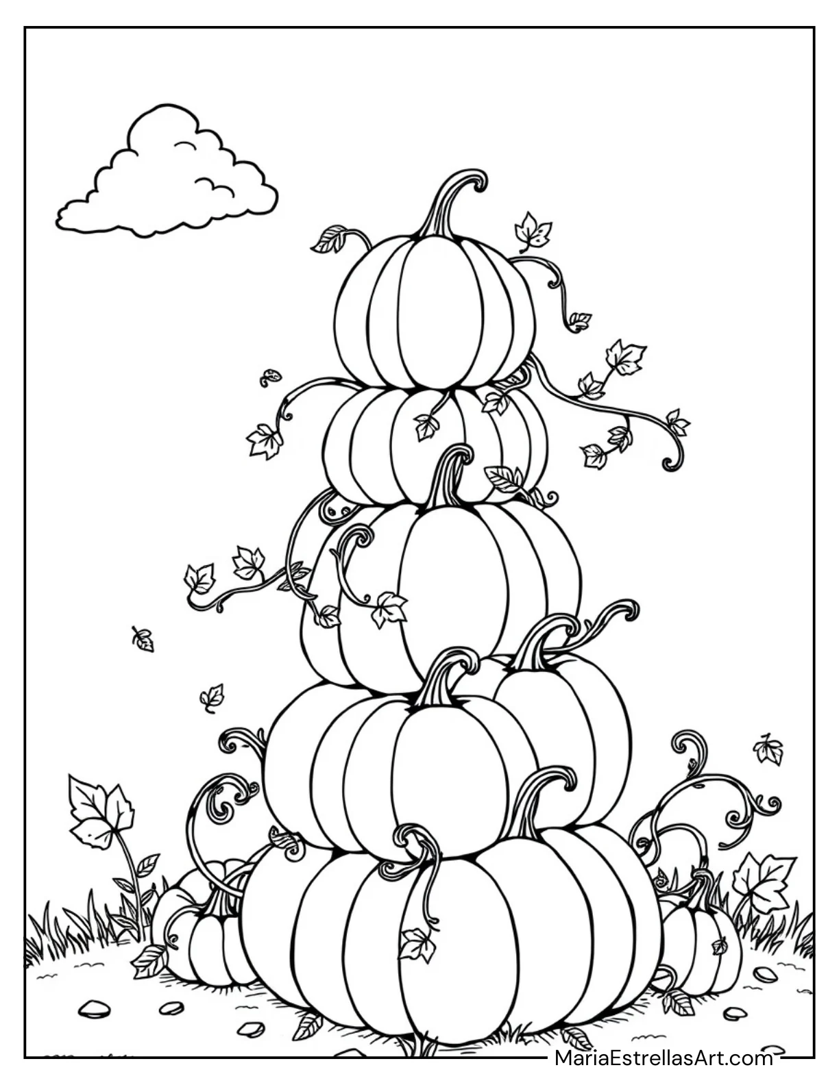 Pumpkin Tower with Autumn Vines Fall Coloring Page