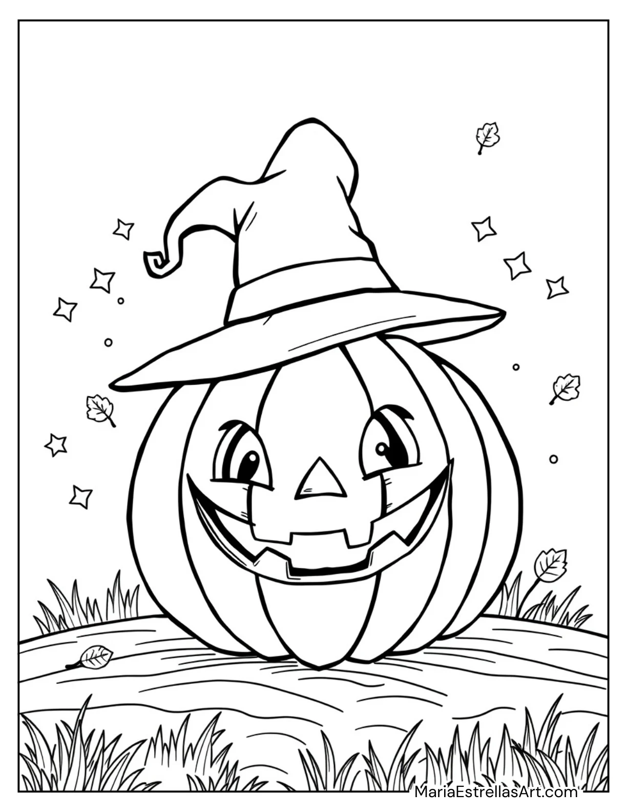 Pumpkin Wearing a Witch Hat to Color for Kids