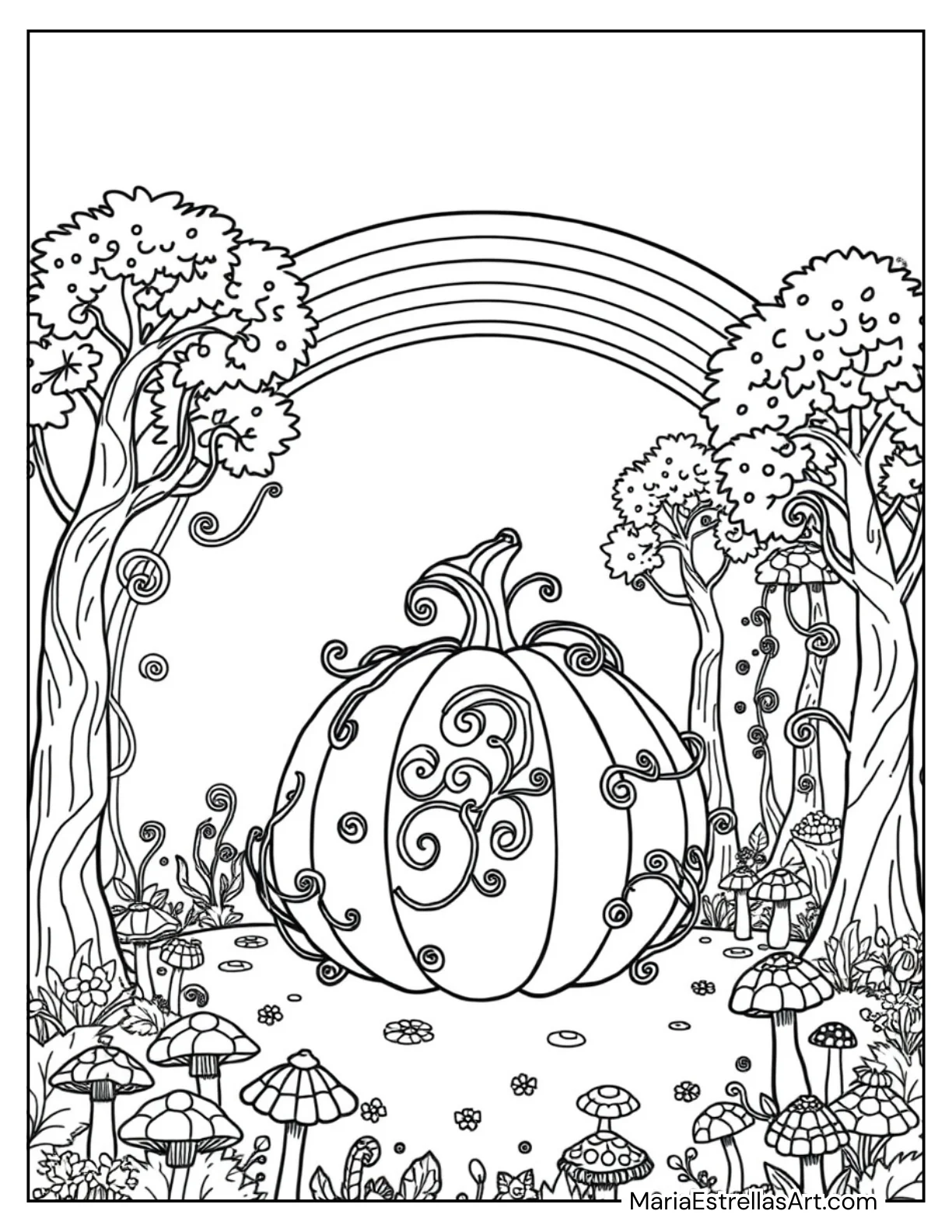 Pumpkin in a Magical Forest With a Rainbow