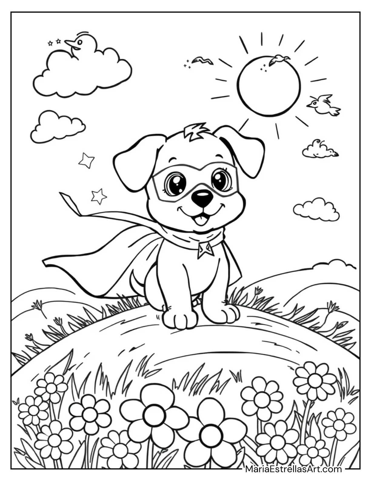 Puppy Dressed as a Superhero Coloring Page