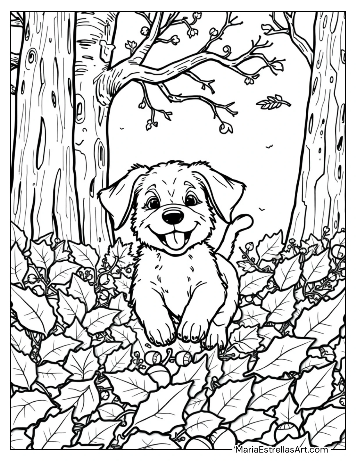 Puppy Playing in Autumn Leaves for Kids to Color