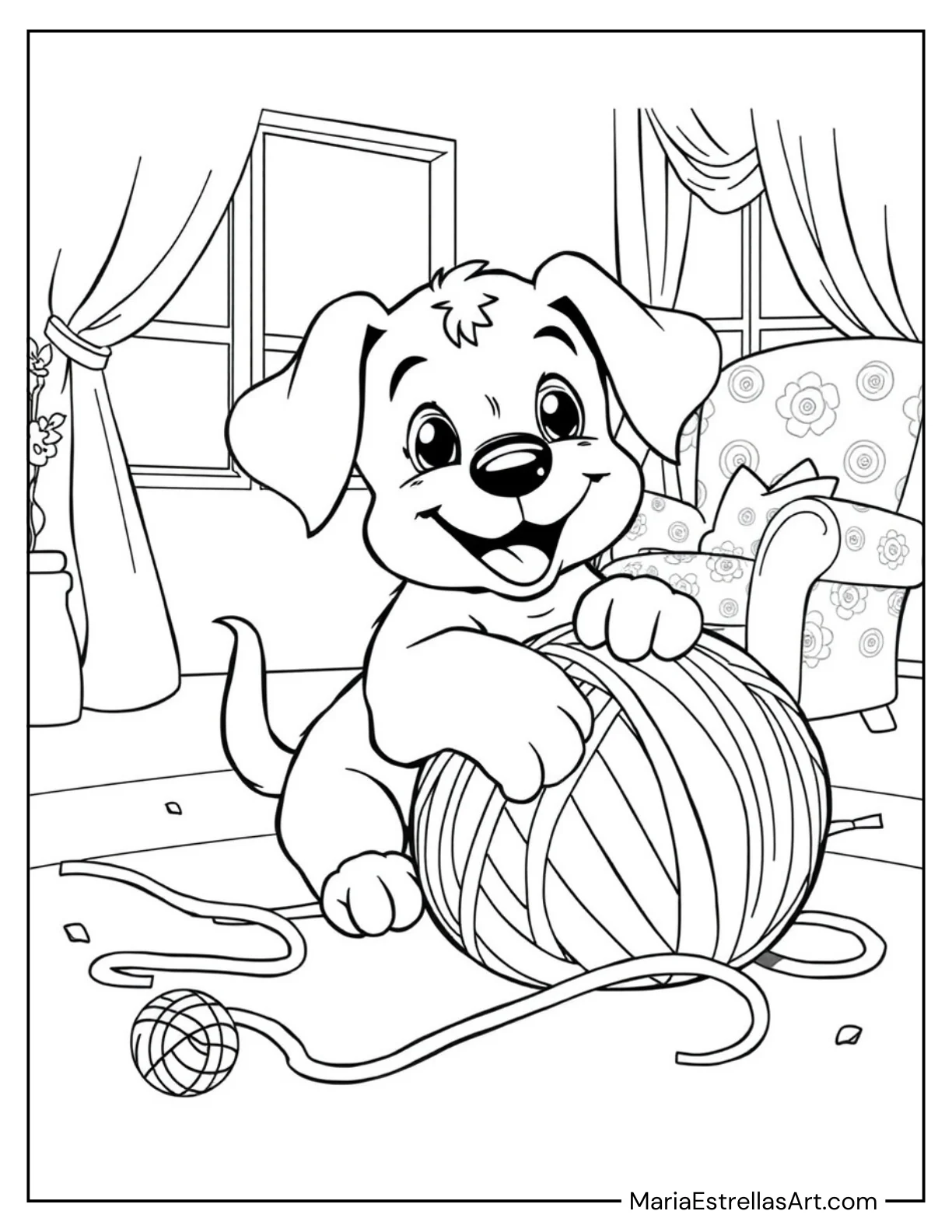 Puppy Playing with a Yarn Ball Coloring Page