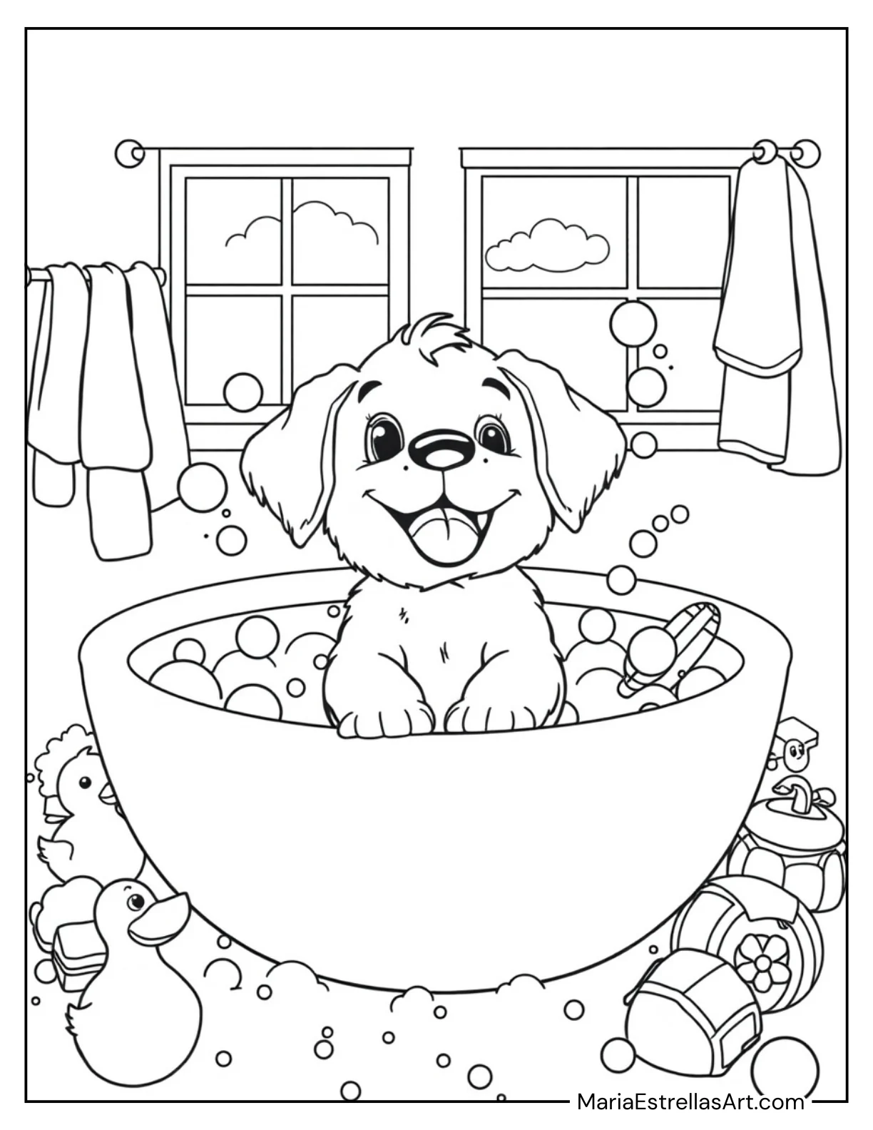 Puppy Taking a Bubble Bath for Kids to Color