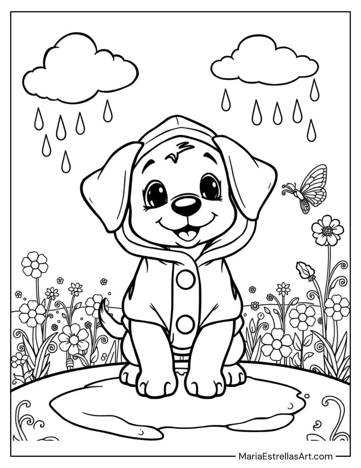 Puppy in a Raincoat Coloring Page