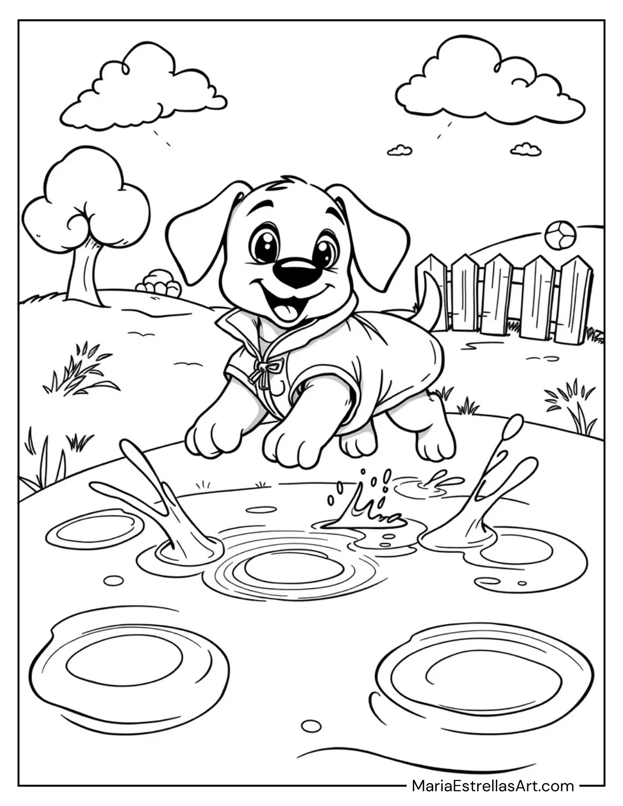 Puppy in a Raincoat Jumping in Puddles Coloring Page