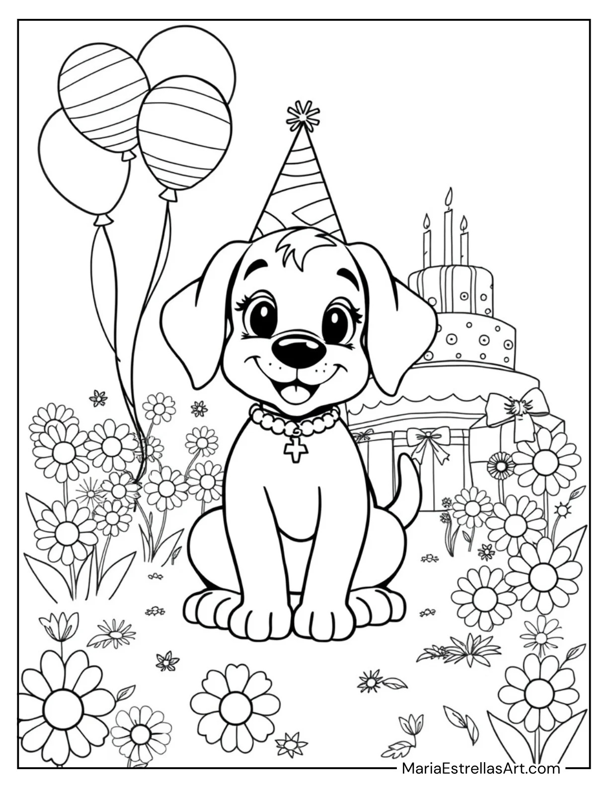 Puppy with a Birthday Hat for Kids to Color