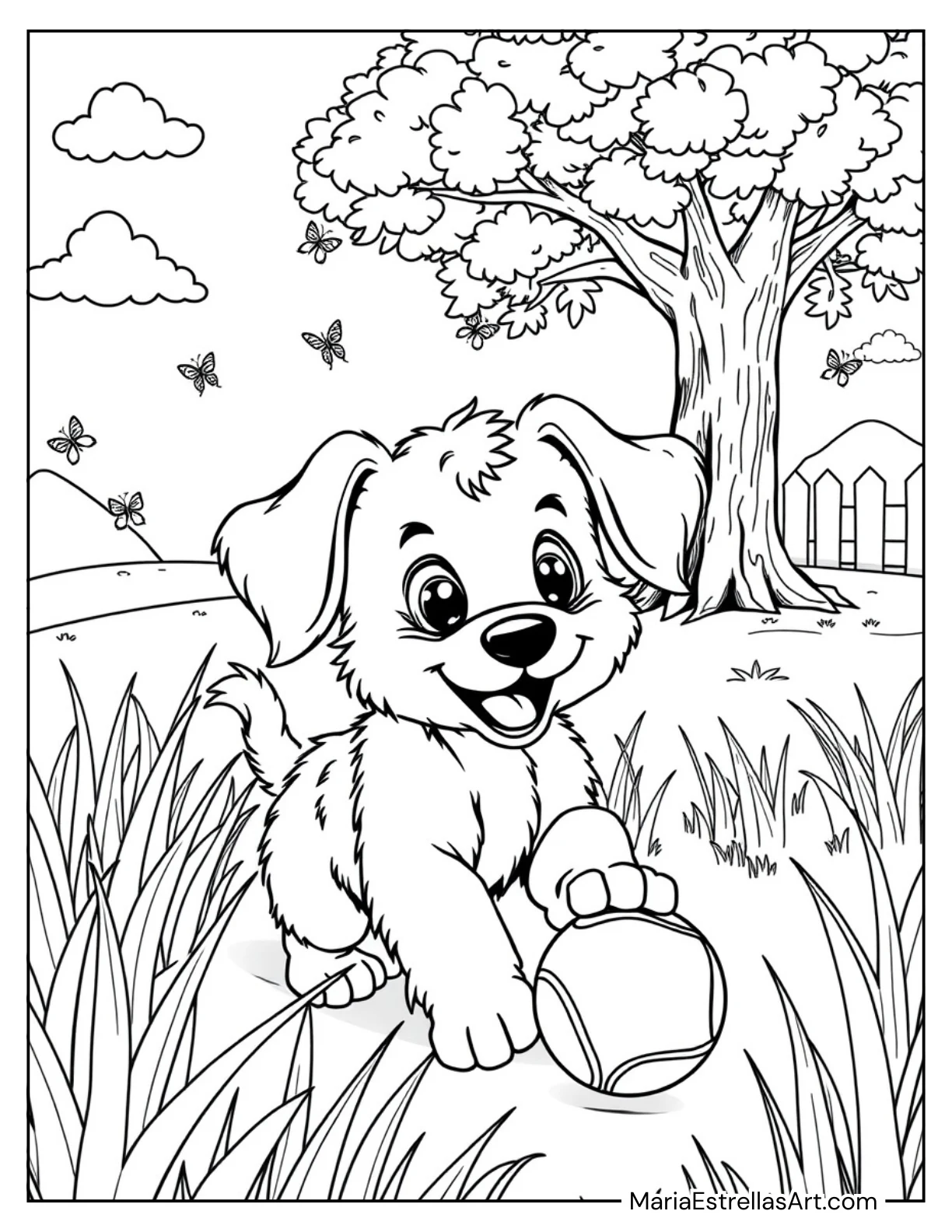 Puppy with a Tennis Ball Coloring Sheet