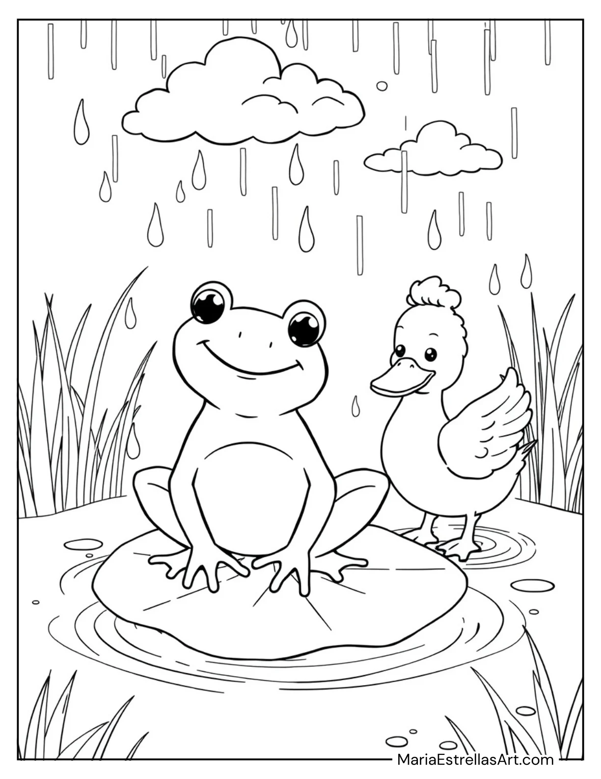 Rainy Day with Frog and Duck Spring Coloring Page