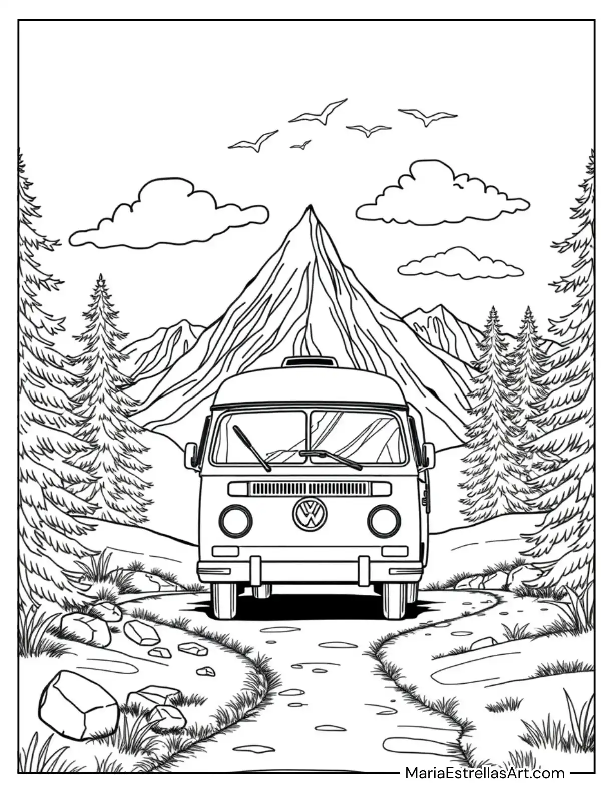 Retro Camper Van Surrounded by Mountains and Pine Trees Coloring Page