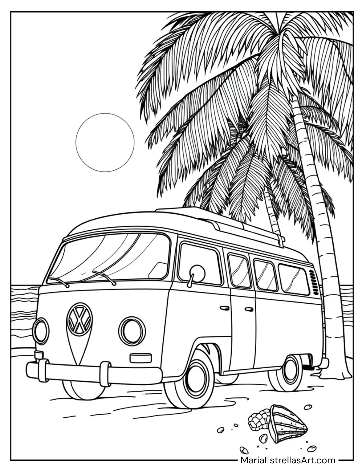 Retro Camper Van Surrounded by Palm Trees Coloring Page