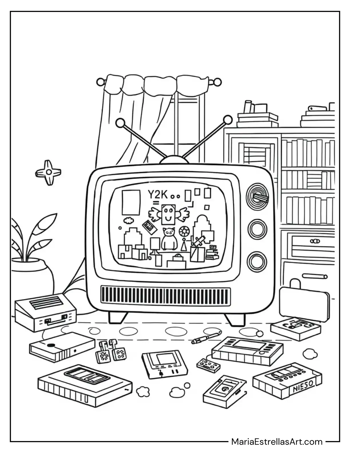 Retro Television With Pixel Displays Coloring Sheet