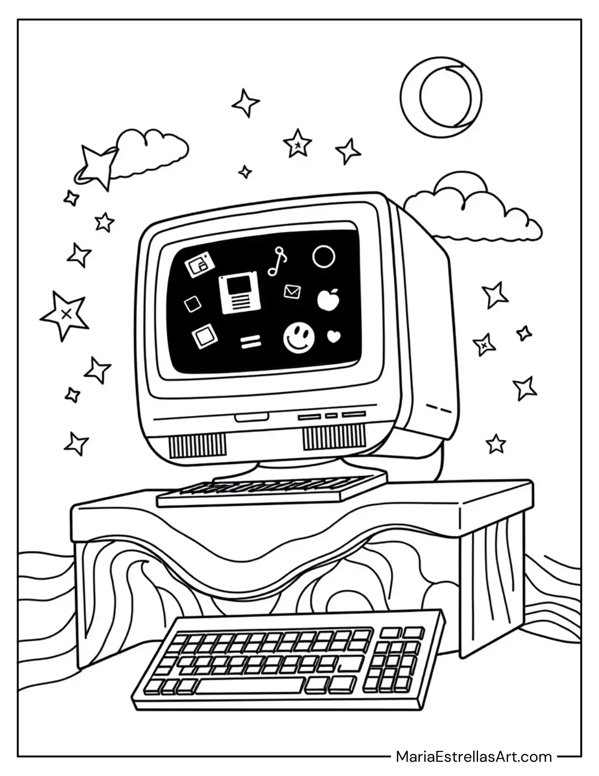 Retro Y2K Desktop With Floating Icons and Glittering Stars Coloring Page