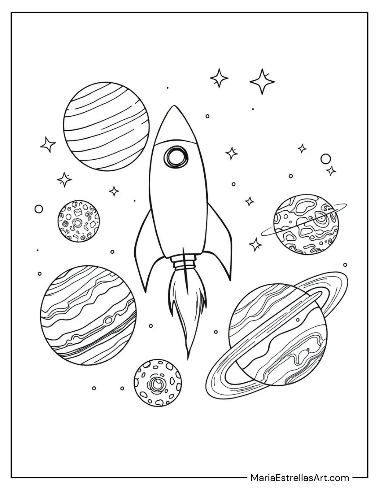 Rocket Flying Through the Solar System Coloring Sheet