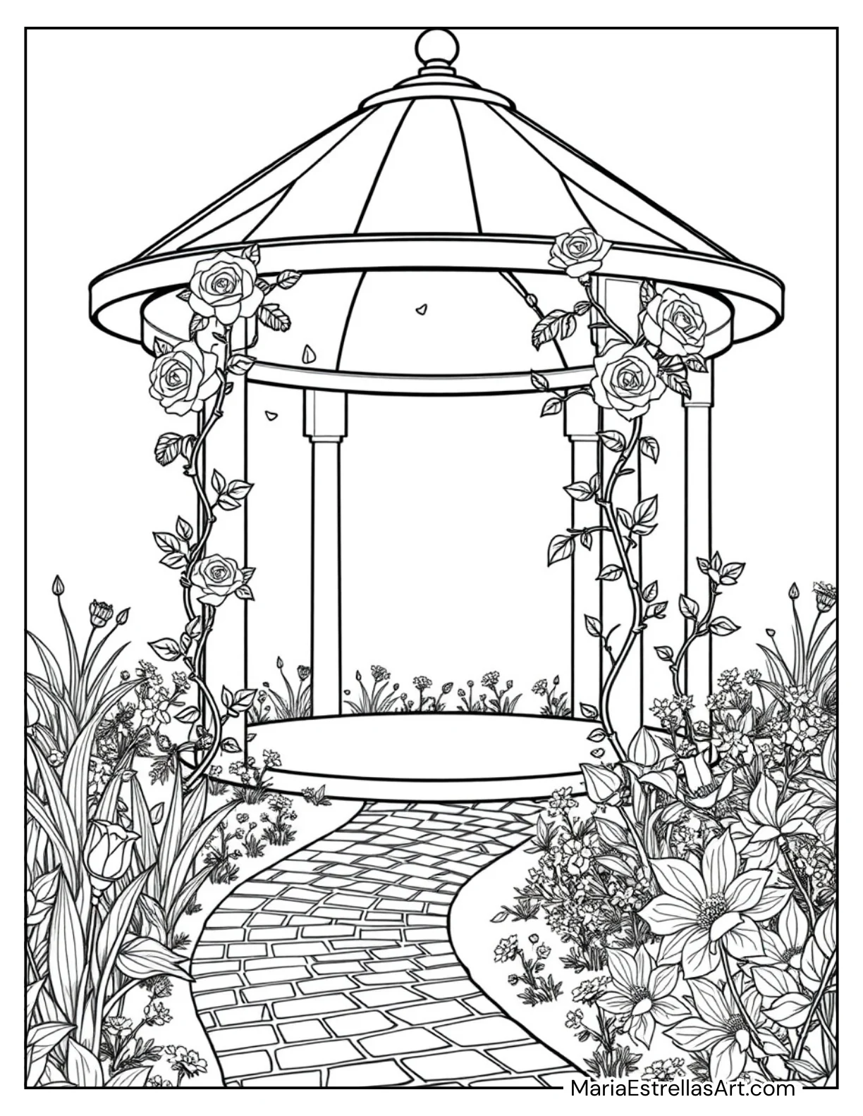 Romantic Gazebo Covered in Roses Valentine's Coloring Page