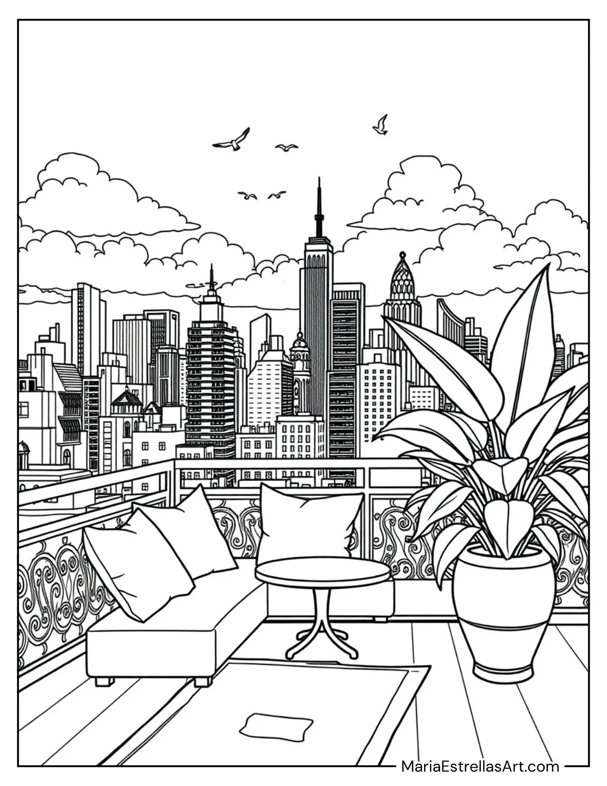 Rooftop Lounge With a City View Aesthetic Spaces Coloring Pages