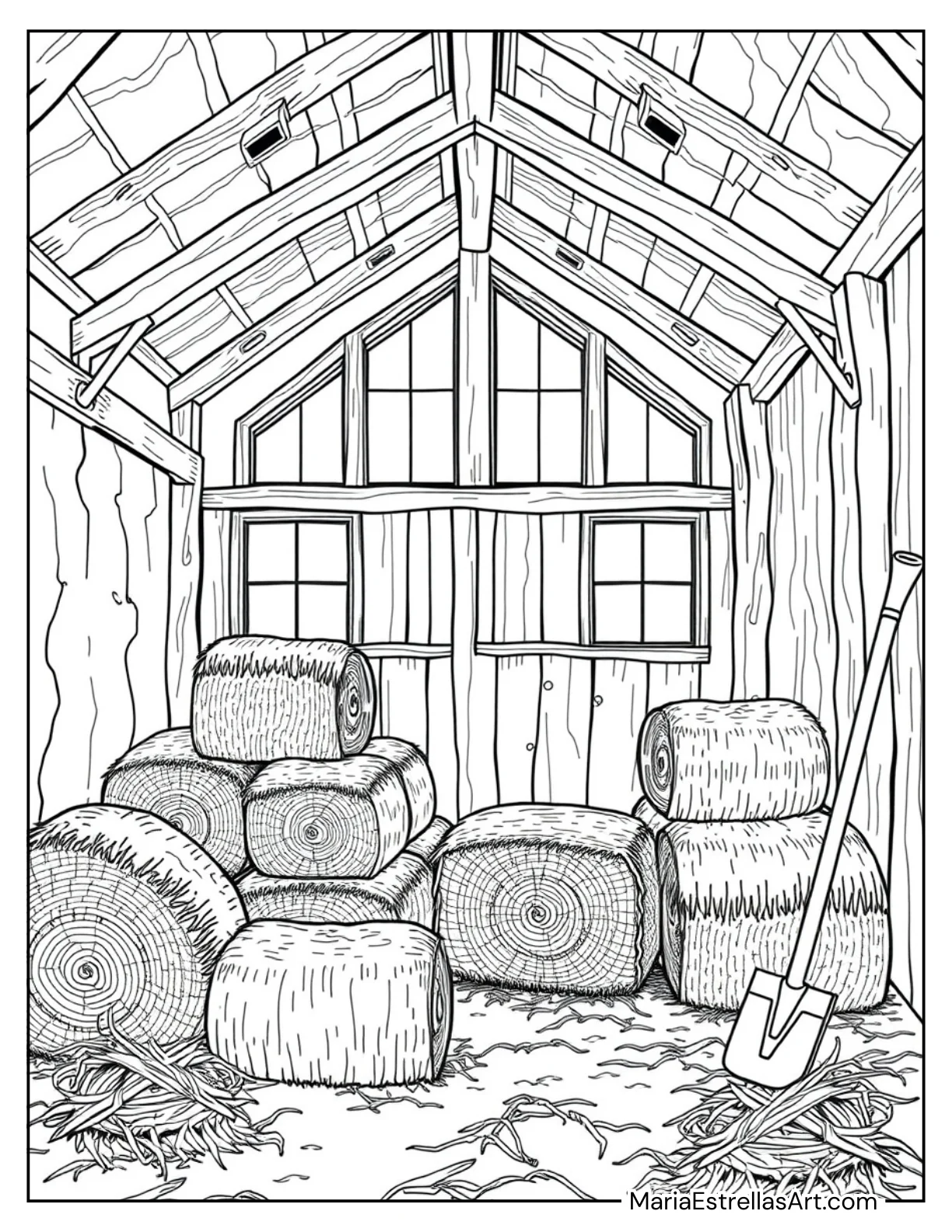 Rustic Barn Interior With Hay Bales Cozy Spaces Coloring Pages