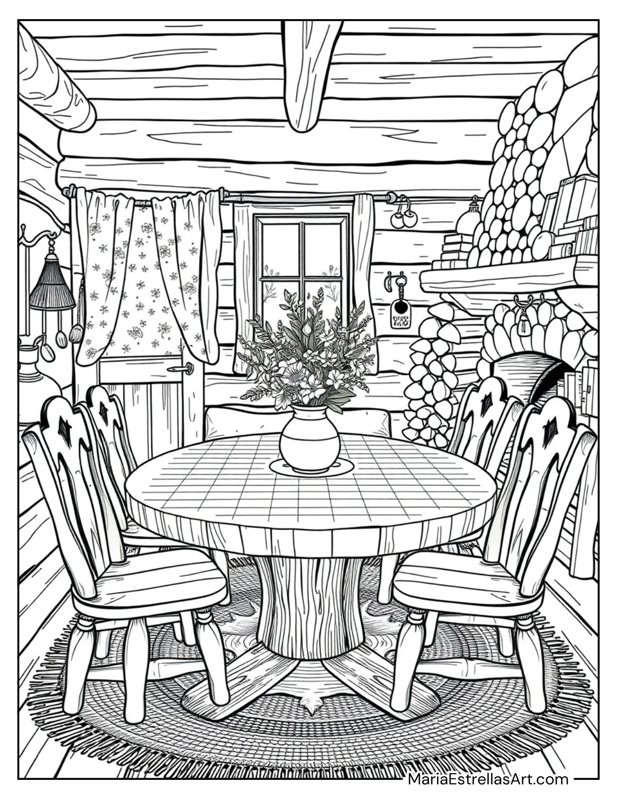 Rustic Cabin Interior With a Wooden Table Coloring Sheet