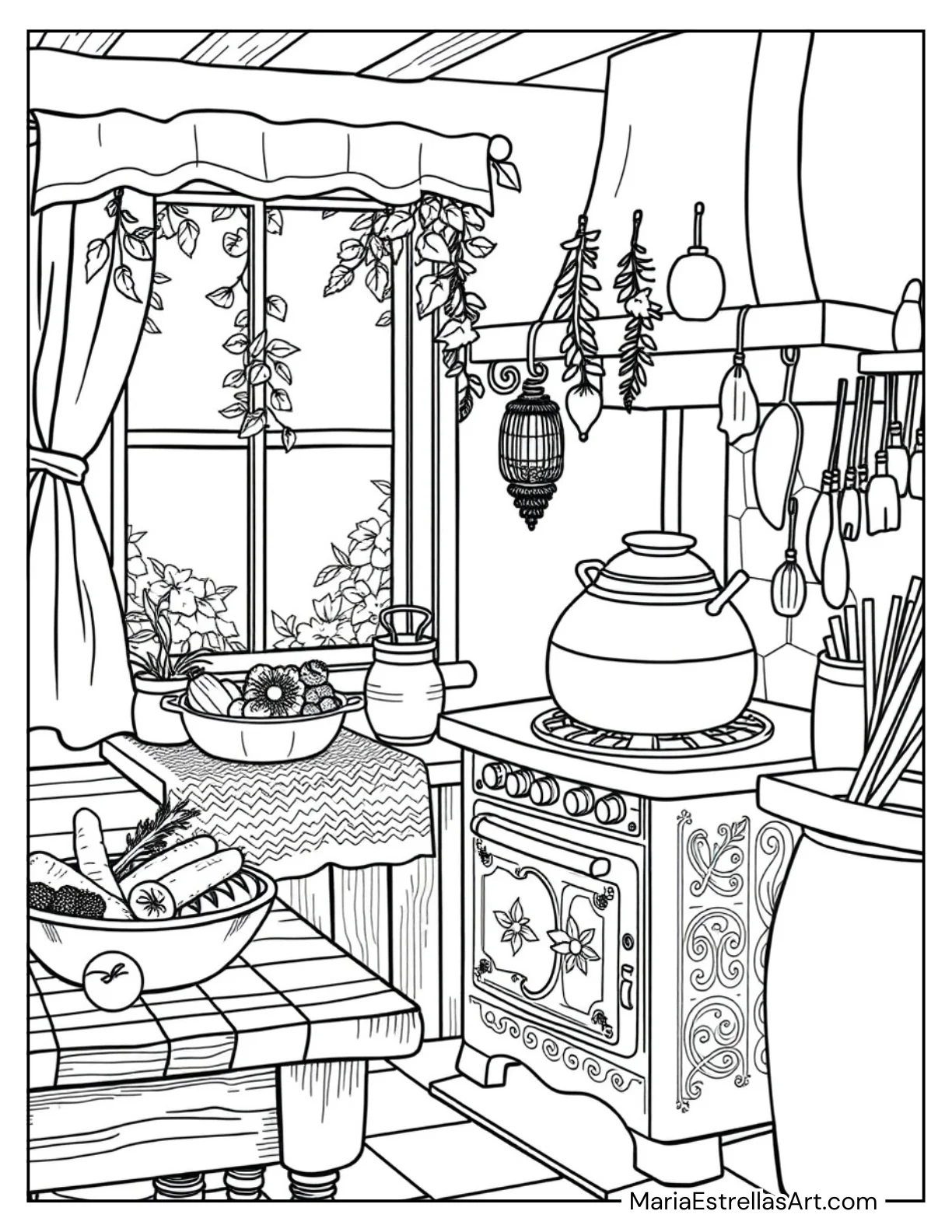 Rustic Kitchen Corner With a Stove, and Pots Coloring Sheet