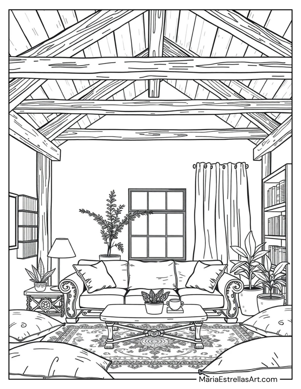 Rustic Loft Space With Exposed Beams Aesthetic Spaces Coloring Pages