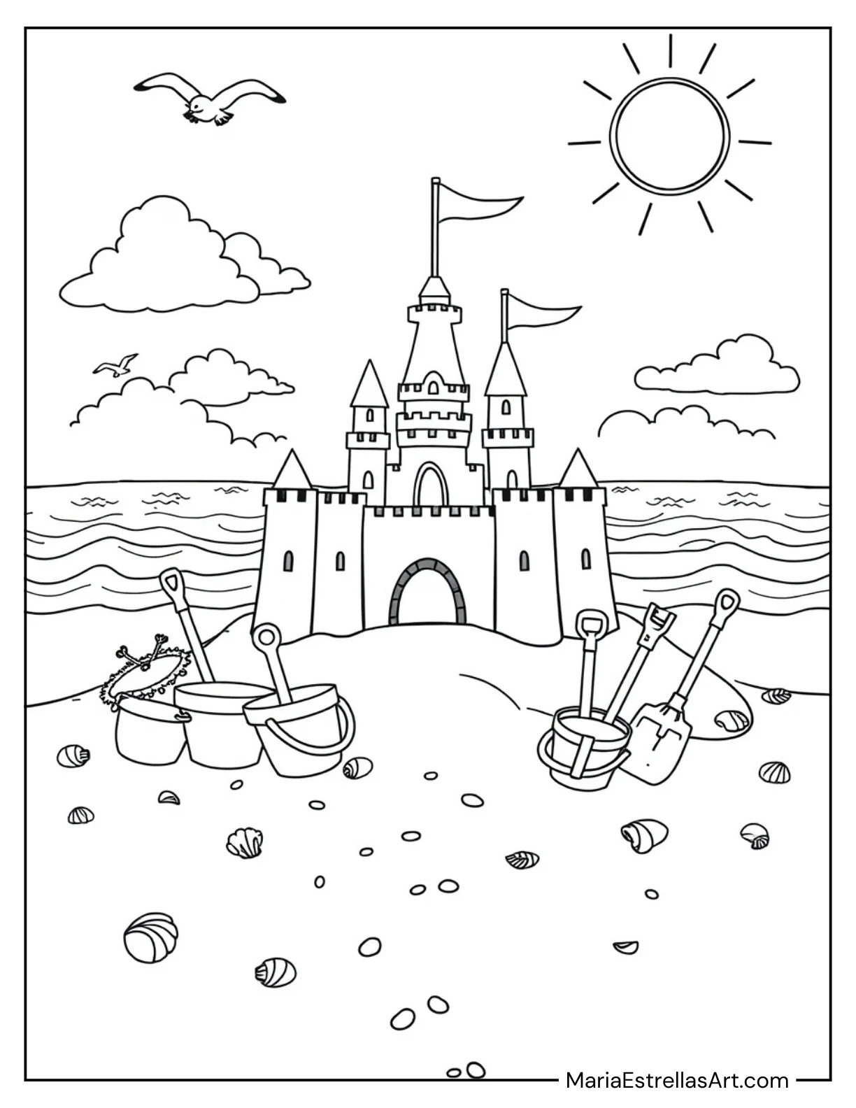 Sandcastle with Buckets and Shovels Coloring Sheet