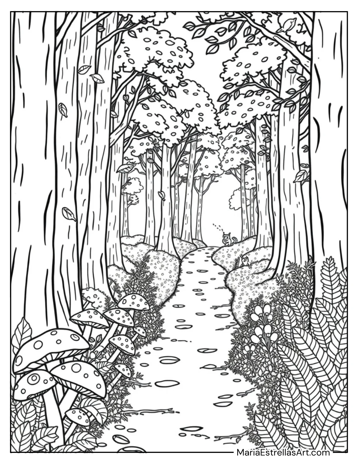 Scenic Fall Path with Tall Trees Fall Coloring Page