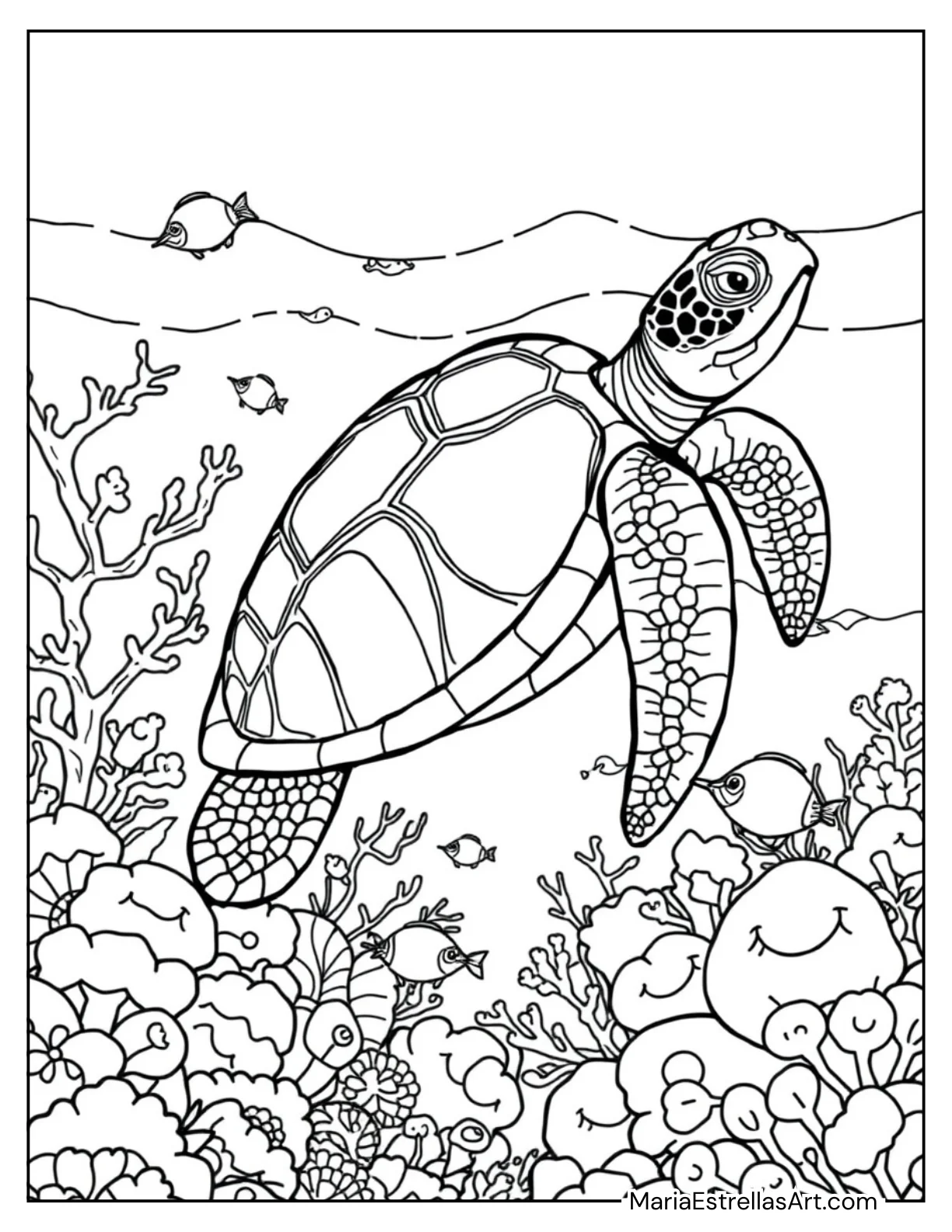 Sea Turtle Gliding Through Coral Reefs Coloring Sheet