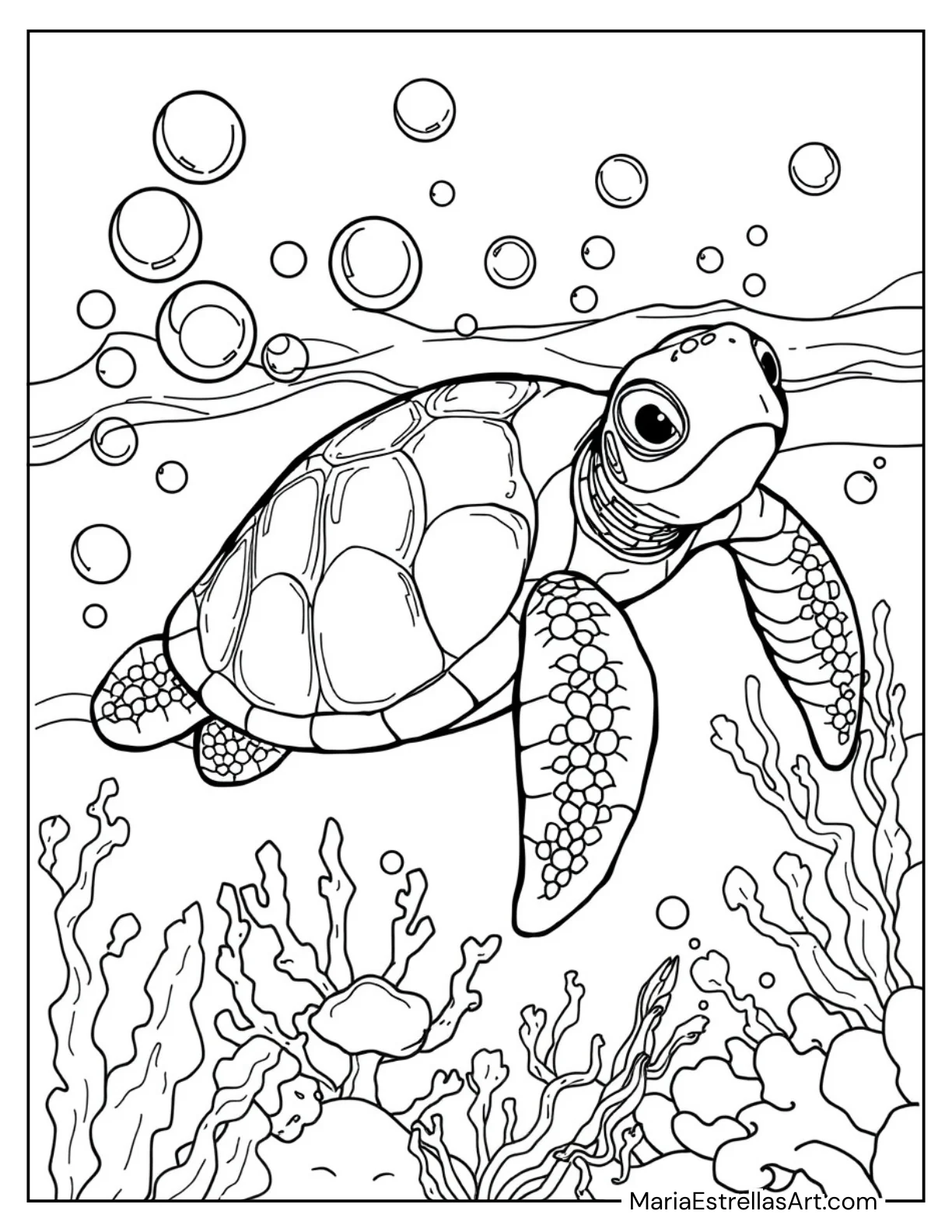 Sea Turtle Surrounded by Bubbles Coloring Sheet