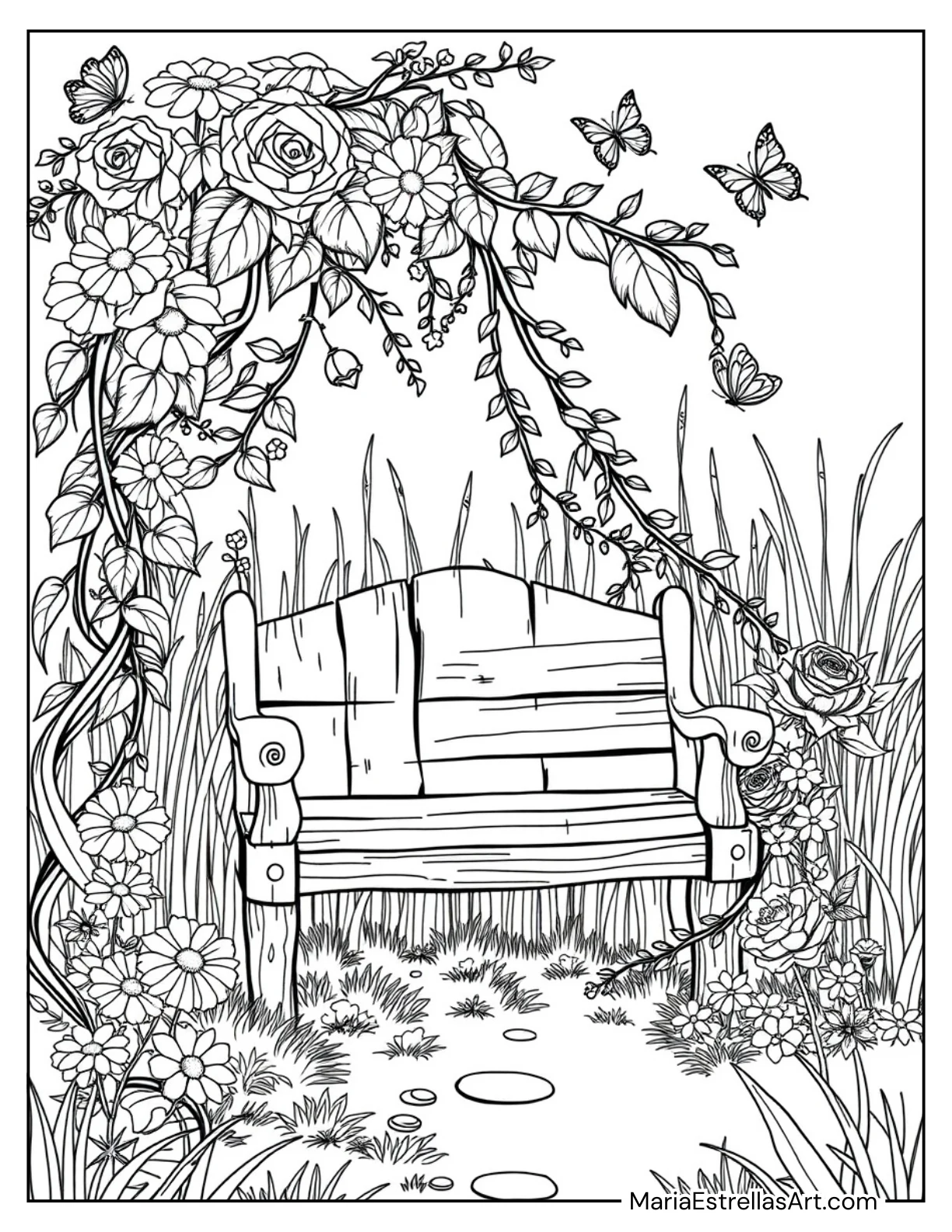 Secret Garden Bench With Vines to Color for Kids