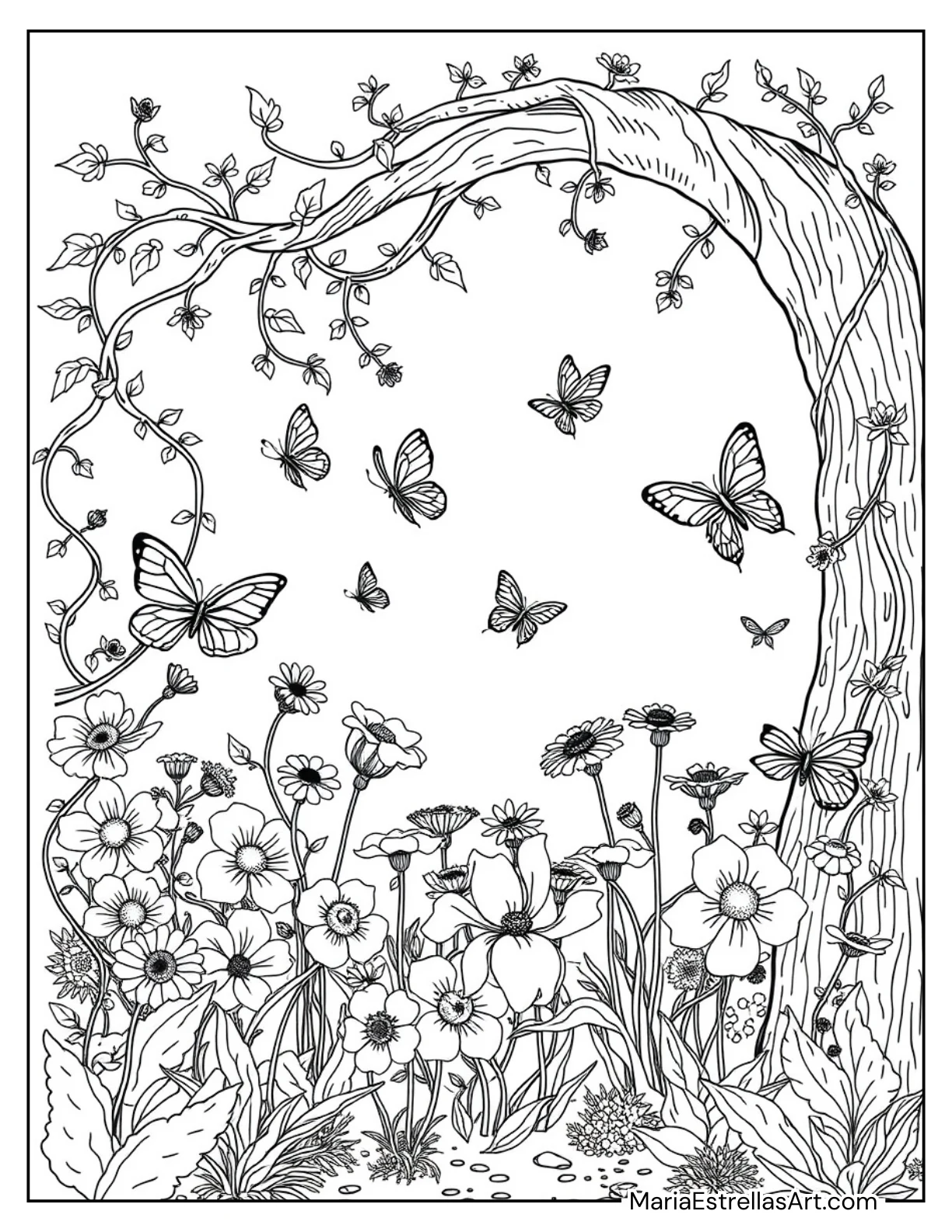 Secret Garden Corner With Flowers, Vines, and Butterflies