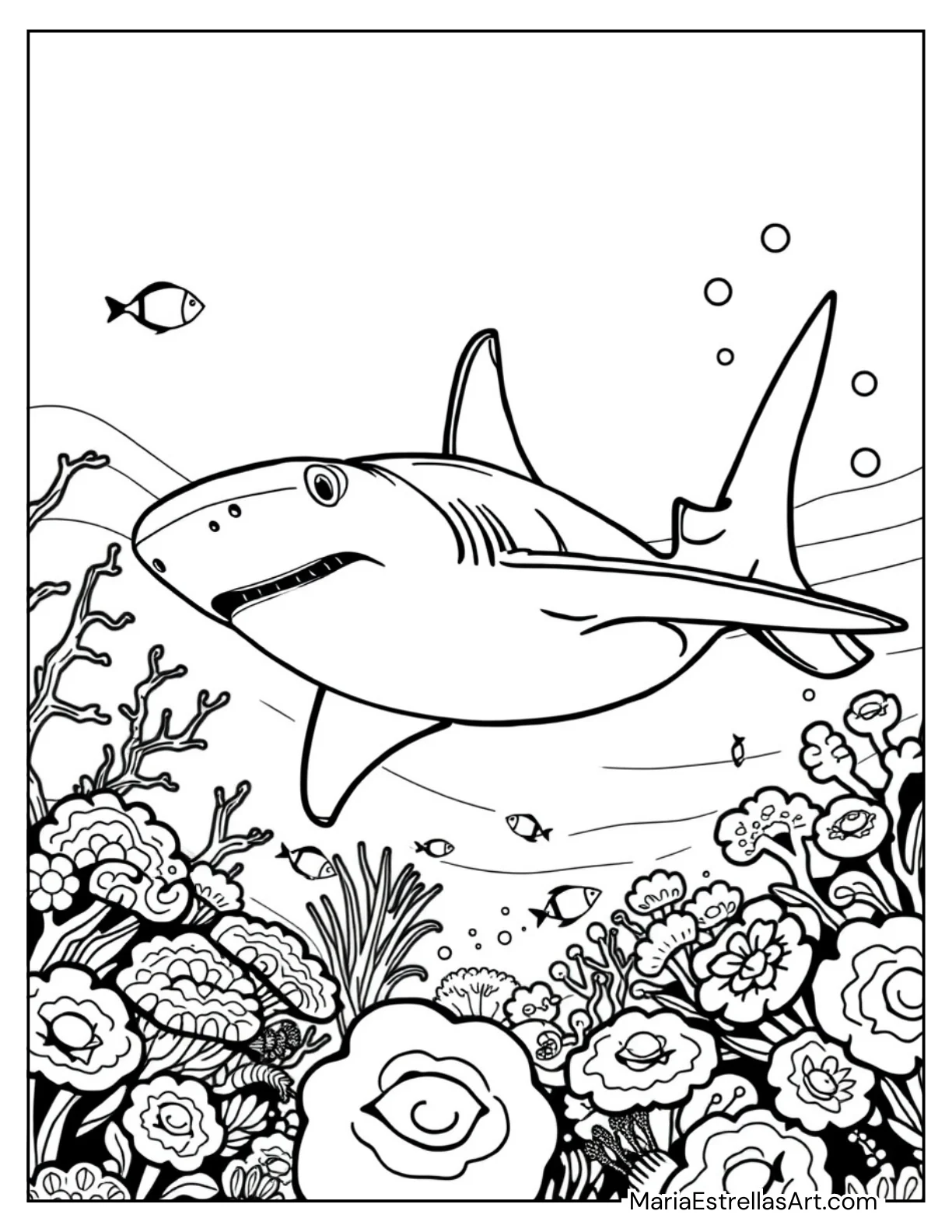 Shark Gliding Through a Coral Reef Coloring Page