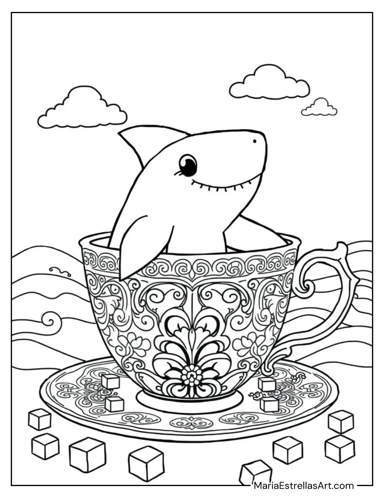 Shark Sitting in a Teacup Surrounded by Tiny Sugar Cubes