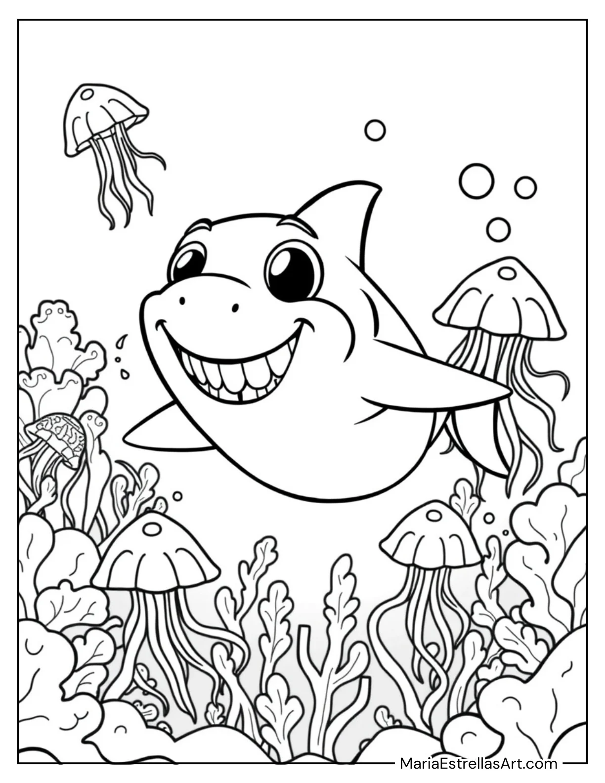 Shark Surrounded by Floating Jellyfish Coloring Sheet