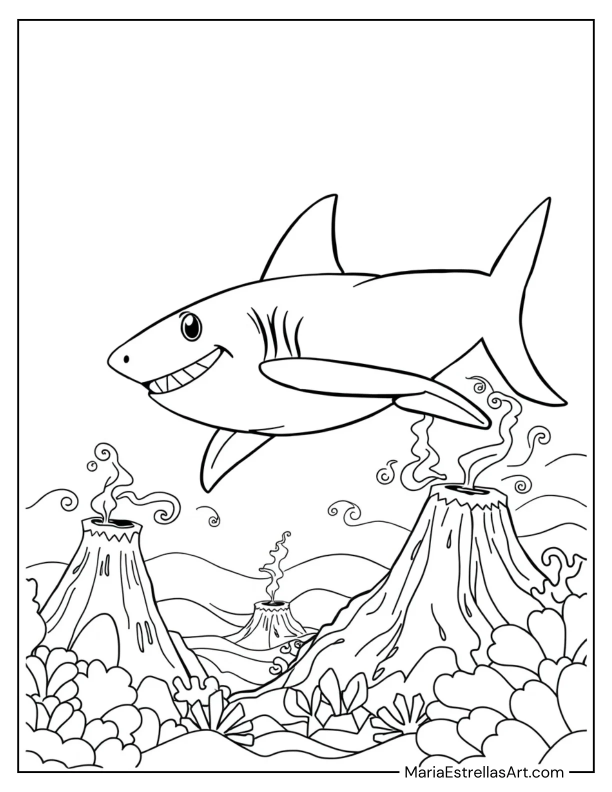 Shark Surrounded by Underwater Volcanoes Coloring Page