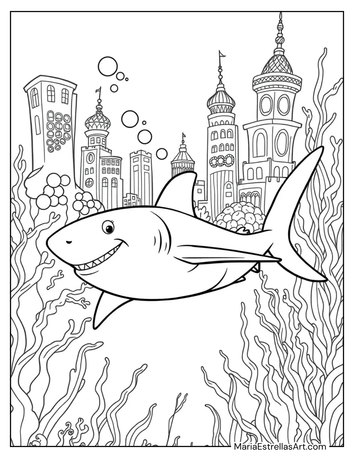 Shark Swimming Through an Underwater City