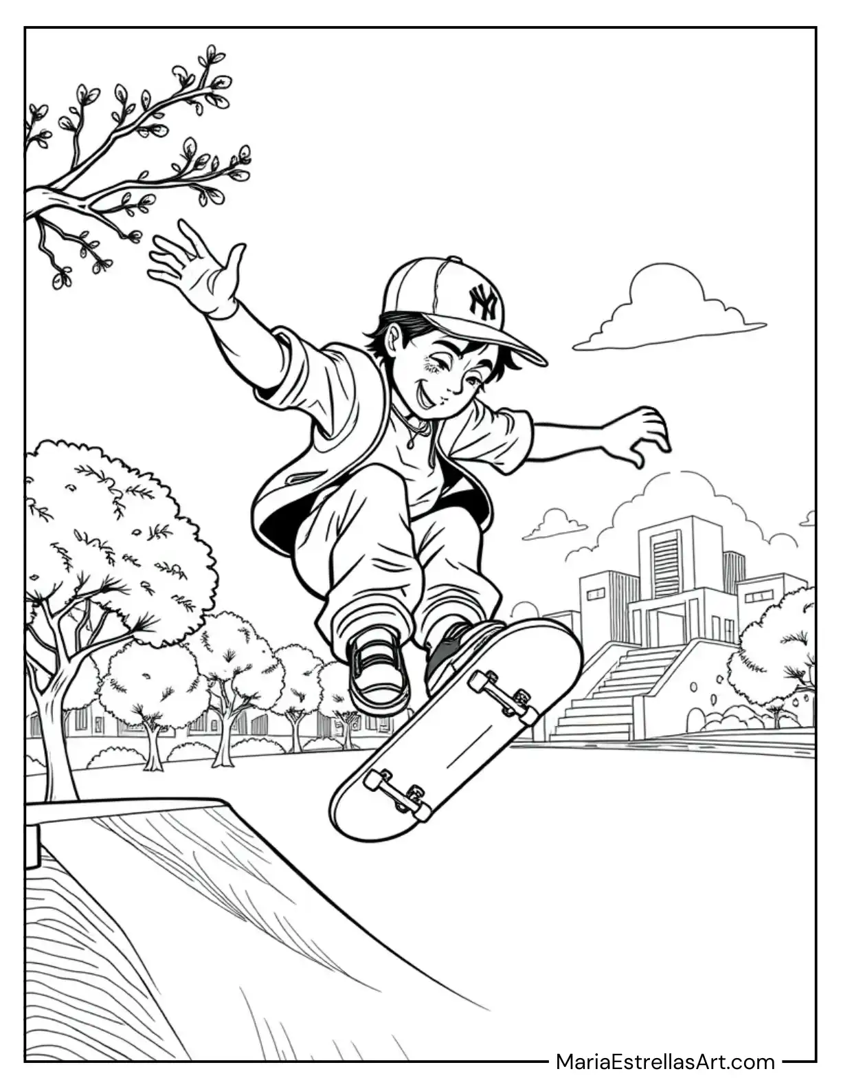 Skater Boy Performing Tricks on a Halfpipe Coloring Page