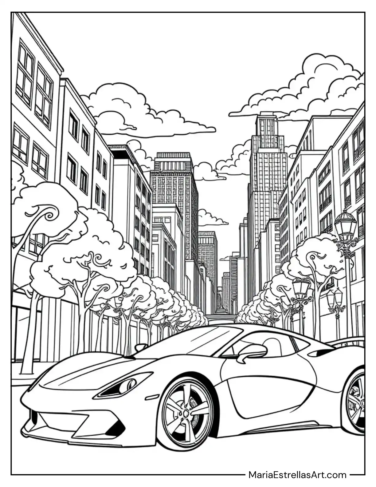 Sleek Sports Car Racing Through a City at Sunset Coloring Sheet