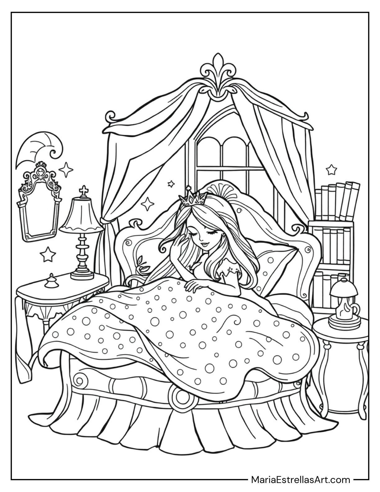 Sleeping Princess in a Cozy Bed to Color for Kids