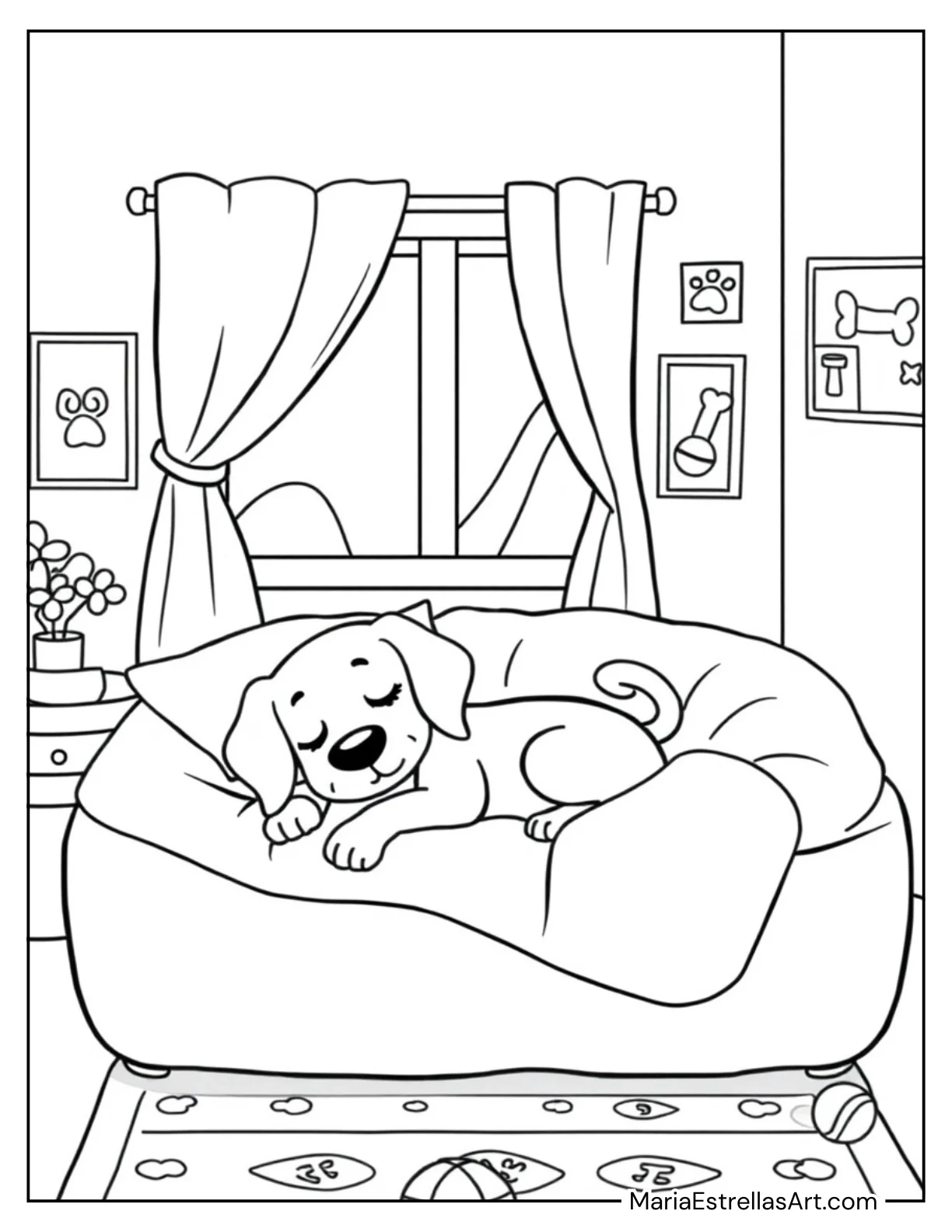 Sleepy Dog in a Cozy Bed Coloring Sheet