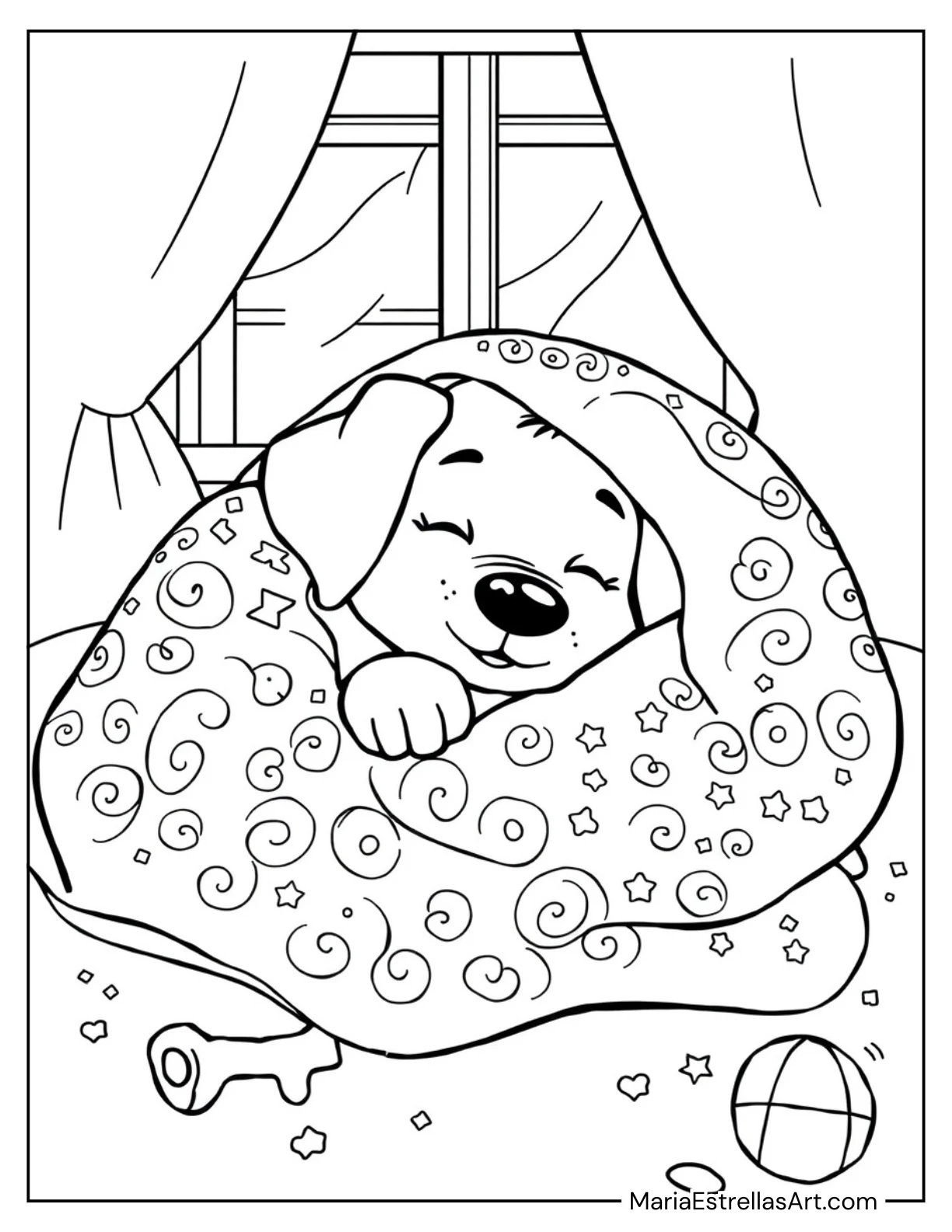 Sleepy Puppy Under a Blanket Coloring Page